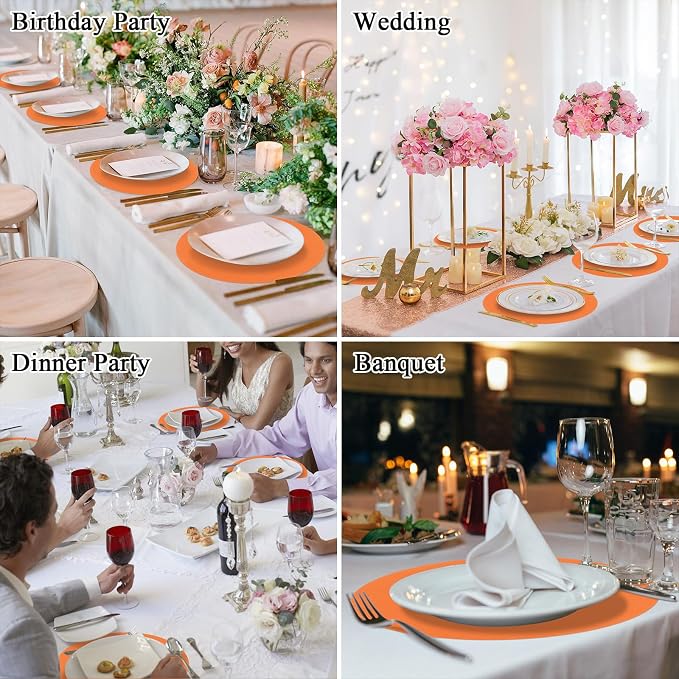 SHACOS 100 PCS Round Paper Placemats 13 inch Disposable Fall Place Mats for Dinner Wedding Birthday Party Festival Table Decoration Indoor Outdoor, Orange (Pack of 2)