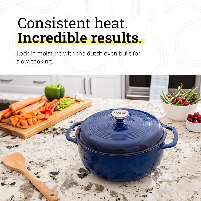 Lodge Essential Enamel Cast Iron Dutch Oven with Lid 7.5 Quart - Oven-Safe Enamel Cookware up to 500° F - Heat-Retaining Braising & Roasting Pot - Non-Toxic Cookware - Indigo