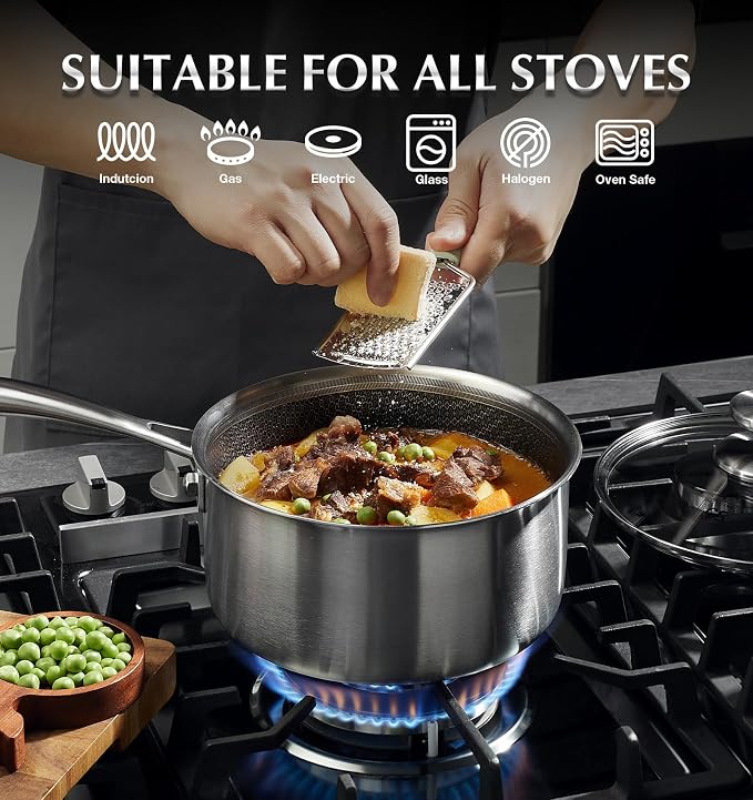 KOCH SYSTEME CS Hybrid Nonstick Stainless Steel Saucepan Set, 6-Piece Triply Stainless Steel Saucepan Set with Hybrid Honeycomb Interior, 1QT & 2QT & 3QT Sauce Pans, Induction Ready, Steel Pot Set