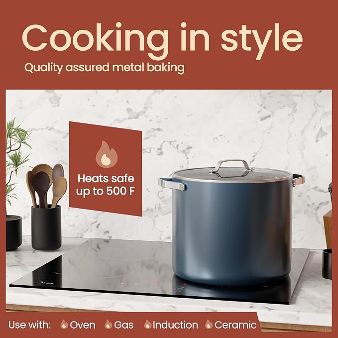 Bakken 16 Quart Ceramic Coated Stock Pot with Lid, Easy Clean Nonstick Pot, Tempered Glass Lid, Riveted Stainless Steel Handles, Oven Safe Up To 500°F, PTFE & PFAS Free, All Stove Compatible, Blue