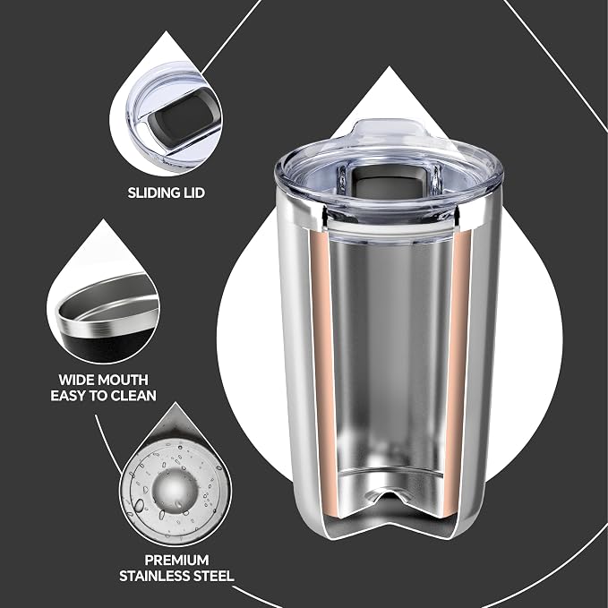 Ideus 20 oz Tumbler, Travel Coffee Mug with Splash Proof Sliding Lid, Double Wall Stainless Steel Vacuum Insulated Coffee Mug for Home and Office, Keep Beverages Hot or Cold, Black