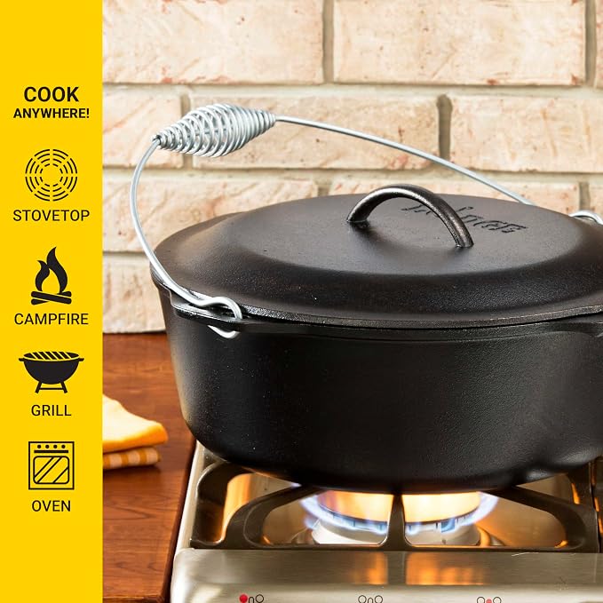 Lodge Seasoned Cast Iron Dutch Oven with Bail Handle - Heavy-Duty Campfire Ready Cooking Pot with Lid for Indoor & Outdoor Cooking - 9 Quart