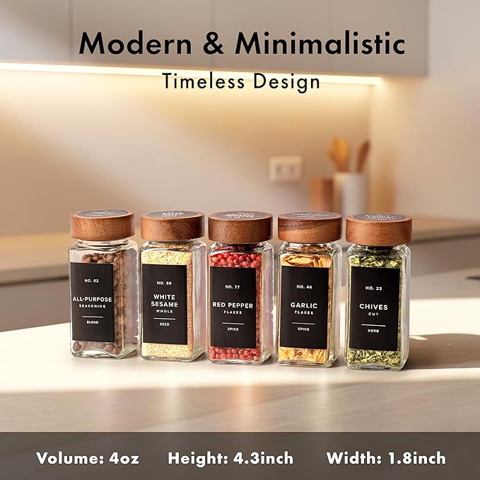 Glass Spice Jars with Label, 24x Acacia Wooden Lids - Black Labels | Airtight Lids keep spices fresh, Kitchen Spice Drawer Organizer, 4oz Seasoning Containers incl. Funnel, Brush & 240 Labels