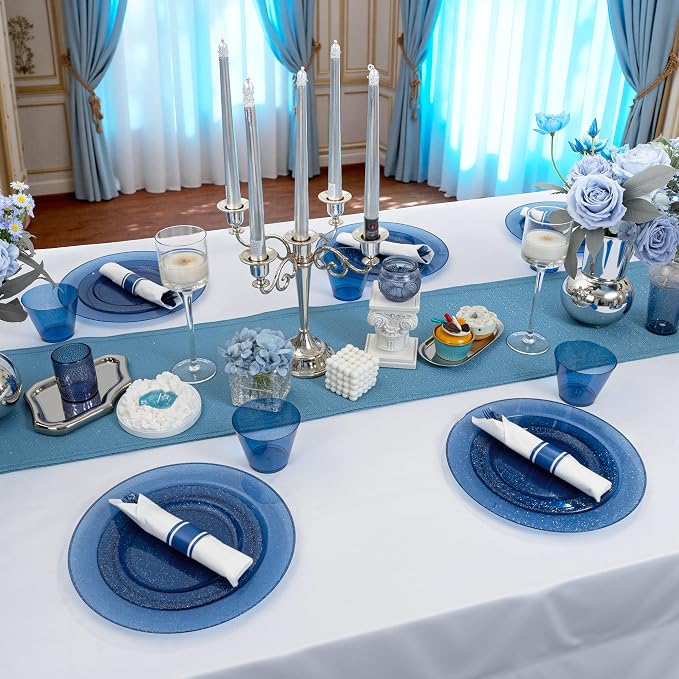 DaYammi 350 Pieces Cobalt Blue Glitter Dinnerware Set 50 Guest for Party- 50 Dinner Plates, 50 Dessert Plates -50 Per Rolled Napkins with Blue Cutlery - 50 Disposable Cups 9 OZ