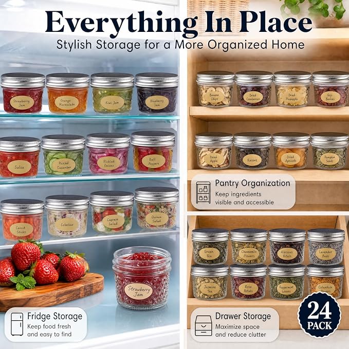 4 oz Glass Jars with Lids, 24 Pack Wide Mouth Small Mason Jars with Twine & Tags, Airtight Leakproof Mini Jam & Jelly Jars with Label Area for Honey, Desserts, Party Favors & Homemade Food Gifts