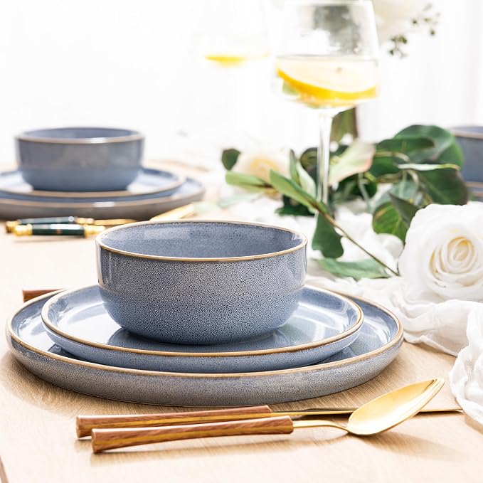 GBHOME Dinnerware Sets for 6, 18 Pieces Ceramic Plates and Bowls Set | Scratch Resistant Stoneware Dishes Set, Dishwasher & Microwave Safe, Reactive Glaze-Vista Blue