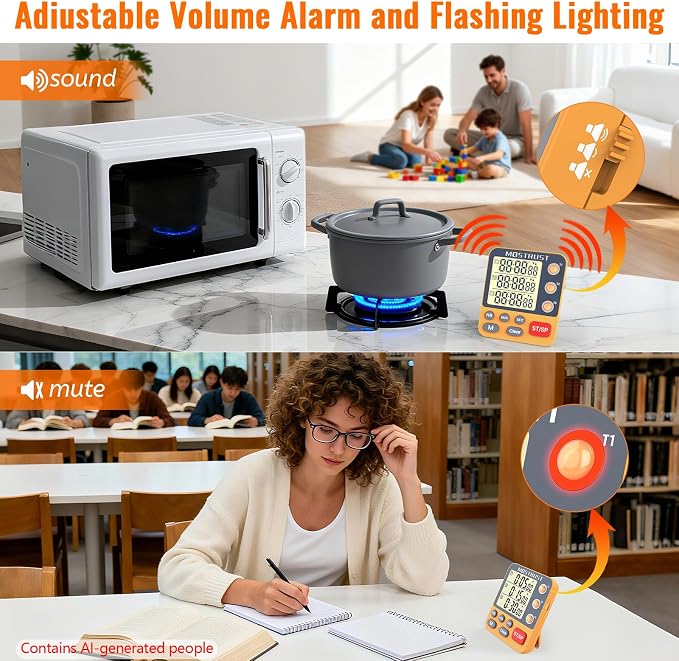 Digital Dual Kitchen Timer, Multiple Channels Countdown Timer | 3-Groups Triple Timer with Magnet-Back Memory-Preset Large Display Adjustable Volume, 3A Battery Included, Ideal for Cooking