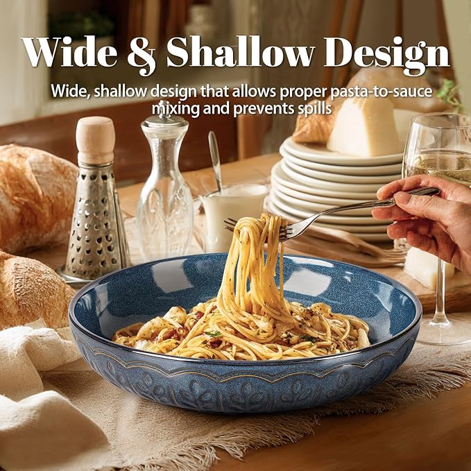 Pasta Bowls, 50oz Large Salad Serving Bowls, 9.75'' Plates Bowls Set of 4, Big Ceramic Soup Bowls for Kitchen, Embossment Shallow Dinner Bowl, Microwave Dishwasher Safe, Wheat Leaf, Blue