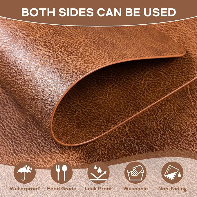 Faux Leather Placemats Set of 6 Heat Resistant Table Mats 17×12 Inch | Waterproof & Wipeable Place Mats Set of 6 Dual Sided Table Placemats for Kitchen Dining Indoor & Outdoor 43×30CM ReddishBrown
