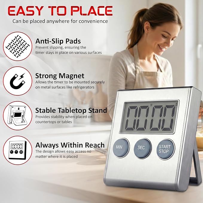 Digital Kitchen Timer with Loud 80dB Alarm & Large Display | Magnetic countdown timer with adjustable stand, auto memory, stopwatch feature for cooking, classroom, study, kids - Silver
