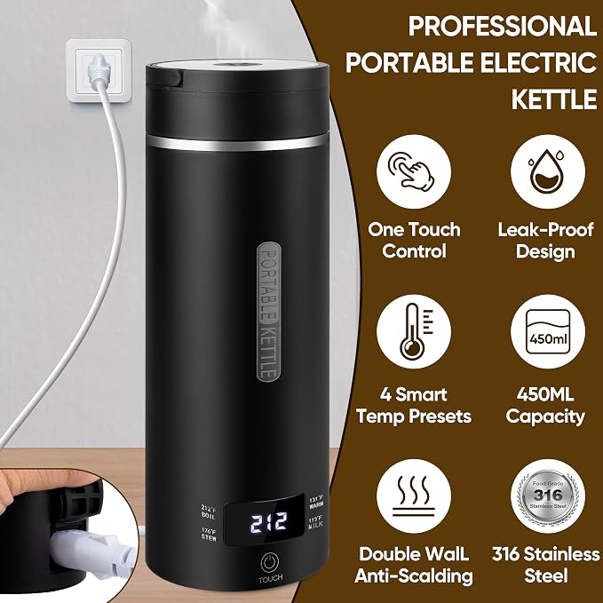 Travel Electric Tea Kettle Portable, 450ML, 316 Stainless Steel, 4 Temp | Small Hot Water Boiling Coffee Warmer Heater, Fast Boiler, Auto Shut-Off, Boil Dry Protection, LCD Display (Black)