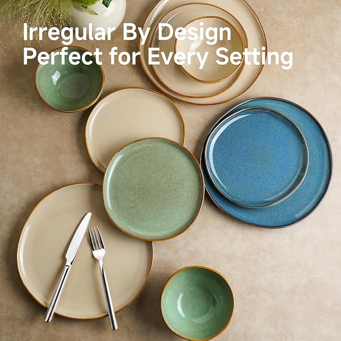 Stoneware Dinnerware Sets for 4, Reactive Glaze Plates and Bowls, Green | 12-Piece Handcrafted Rustic Porcelain Dishes Set, Highly Scratch Resistant, Dishwasher & Microwave Safe