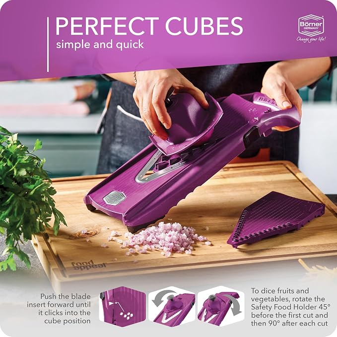 Mandoline Food Slicer Börner V5 (Starter Set) by Reston Lloyd • V-Slicer with Food Holder • Made in Germany • Fruit & Vegetable Chopper • Multiple Settings • Color: Purple