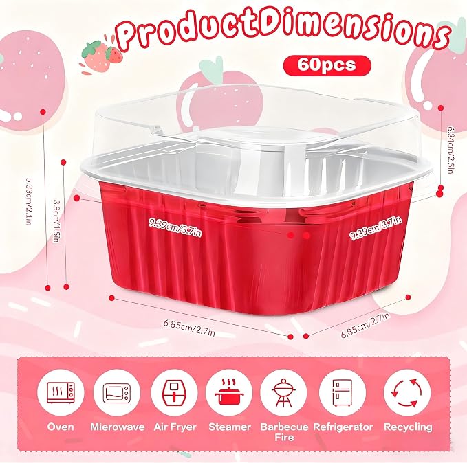 60Pack 5oz Christmas Mini Cake Pans with Lids Baking Cups Aluminum Foil Pans Tins, Individual Dessert Cups Containers for Sales,Party,Picnics Red