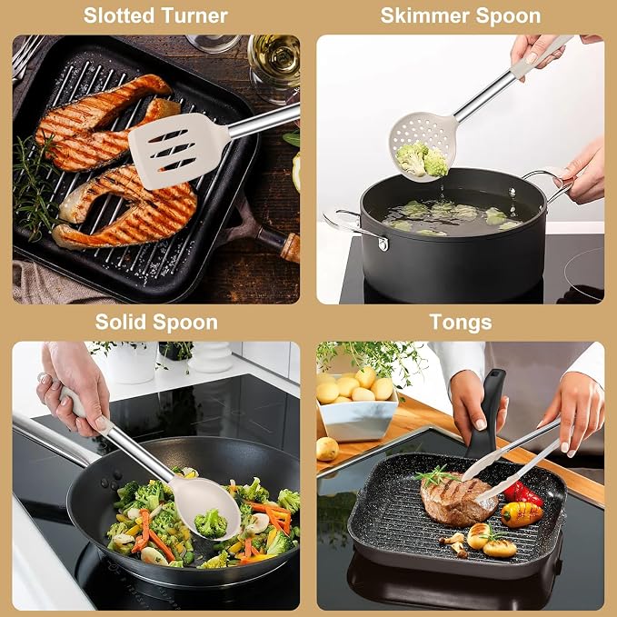 E-far Silicone Cooking Utensils Set, 7-Piece Khaki Kitchen Utensils Set | Heat Resistant Nonstick Cookware with Stainless Steel Handle, Slotted Turner, Spoon, Soup Ladle, Pasta Server, Skimmer, Tongs