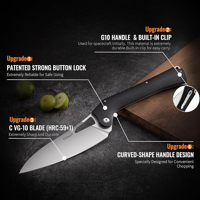 Folding Kitchen Chef Knife, 5.49" Foldable Camping Knife with 10cr15mov Stainless Steel Blade, Anti-skidding and Ergonomic Designed G10 Handle for both Indoor and Outdoor Cooking