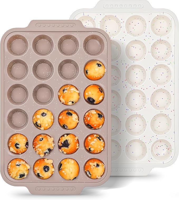 2 Pcs Silicone Muffin Pans for Baking with Metal Reinforced Frame, Nonstick Cupcake Tray for Oven, 24 Cups Mini Size Silicone Molds for Egg Bites, Dishwasher Safe (Brown, Cream)