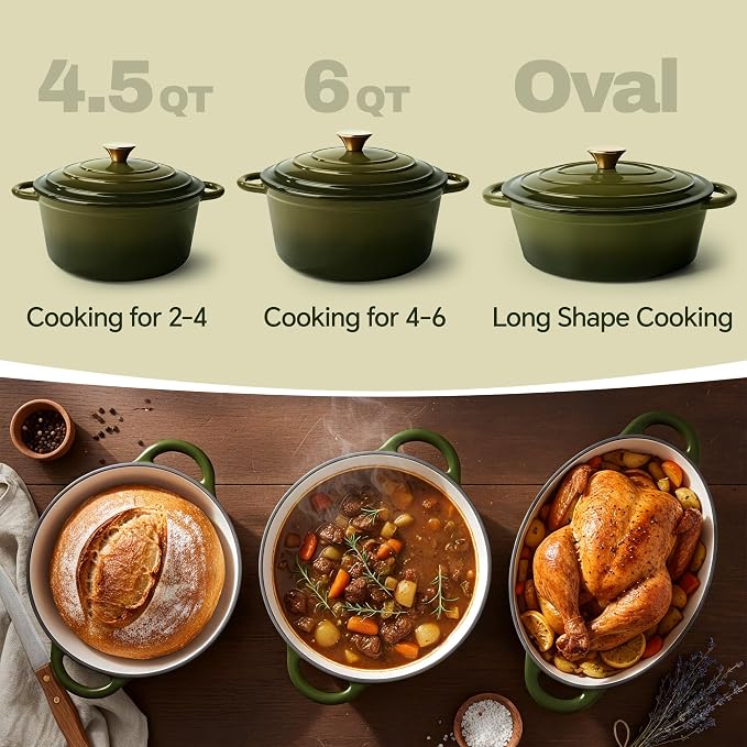 Vintage Style 6 Quart Dutch Oven Pot with Lid, Non Stick Enameled Cast Iron Dutch Oven for Bread Baking, Heavy-Duty, Oven Safe Ceramic Cookware Up to 500°F for Baking, Braising, Stews, Roasting, Golden Green