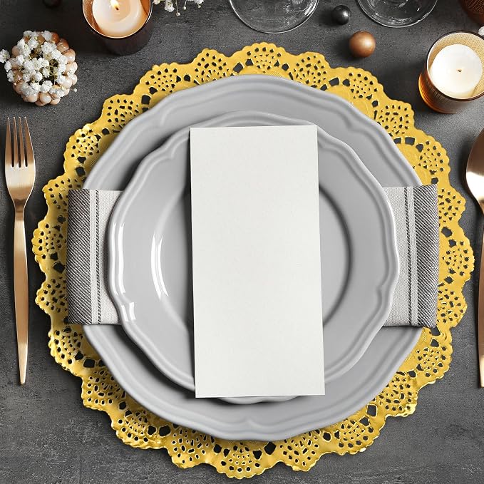 MCEAST 100 Pack Round Gold Paper Doilies 13.5 Inches Lace Place Mats Rustic Scallop Doily Disposable Paper Table Pads for Food Cakes Crafts Party Weddings Tableware Decor