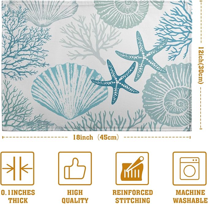 Nautical Coastal Blue Placemats Set of 4 Summer Teal Turquoise Beach Theme Linen Table Mats Ocean Coral Seashell Starfish Decorative Place Mats for Party Kitchen Dining Outdoor Indoor Decor