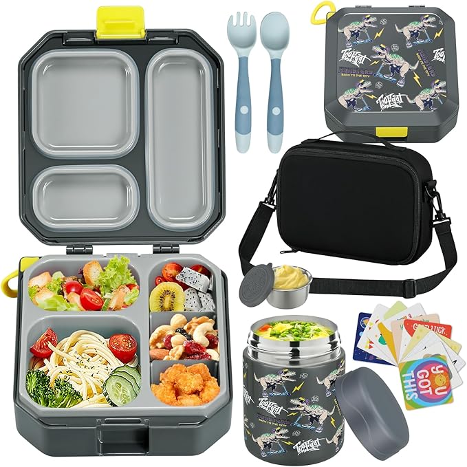 wiwens Bento Lunch Box for Kids with 12oz Soup Thermo Leak-Proof Lunch Food Container with 5 Compartment Thermo Hot Food Jar and Insulated Lunch Bag for Kid Toddler Girls Boys to School