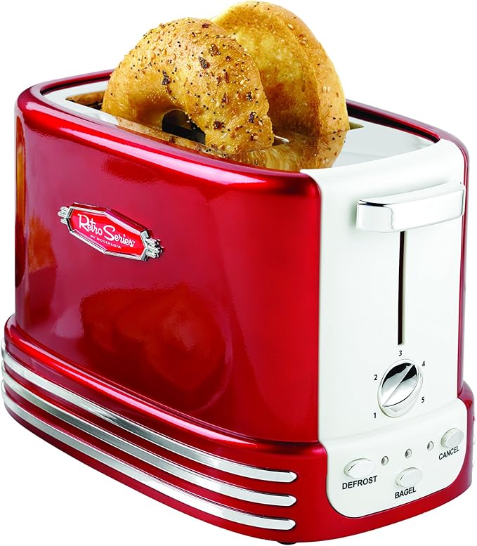 Nostalgia New and Improved Wide 2-Slice Toaster Perfect For Bread, English Muffins, Bagels, 5 Browning Levels, With Crumb Tray & Cord Storage, Retro Red
