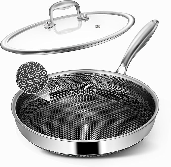 Frying Pans, 10-inch with Lid, Hybrid Frying Pans Stainless Steel Skillets, Dishwasher & Oven-Safe, Stay-Cool Handle, PFOA Free Cookware, Compatible with All Cooktops