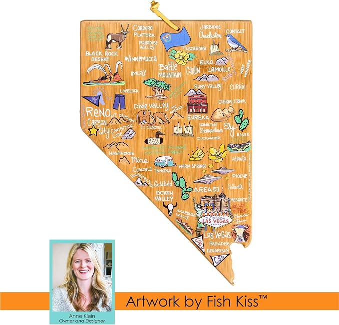 Totally Bamboo Nevada State Shaped Cutting Board, Art by Fish Kiss | State charcuterie board with colorful hand-drawn map artwork. Smooth reverse side for food prep. Hang tie for wall display.