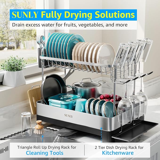 2 Tier Dish Drying Rack, Extra Large Dish Rack, Multifunctional Large Dish Drainers for Kitchen Counter, 304 Stainless Steel Kitchen Drying Rack, Bowl Drying Rack, Extendable Drain Spout, Black