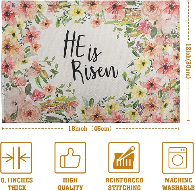 He is Risen Placemats Set of 4 Spring Easter Christian Cross Religious Flowers Kitchen Table Mats Seasonal Easter Holiday Linen Fabric Place Mat for Party Kitchen Dining Decoration