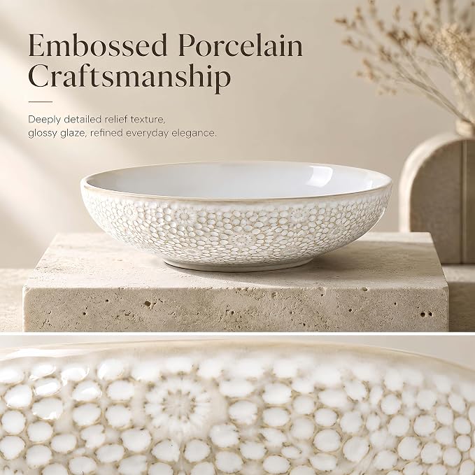 8" Ceramic Pasta Bowls, 22 Oz Serving Bowls Set of 4, Porcelain Shallow Soup Bowl, Embossed Serving Dishes for Pasta, Fruit, Salad, Housewarming Gift, Dishwasher Safe