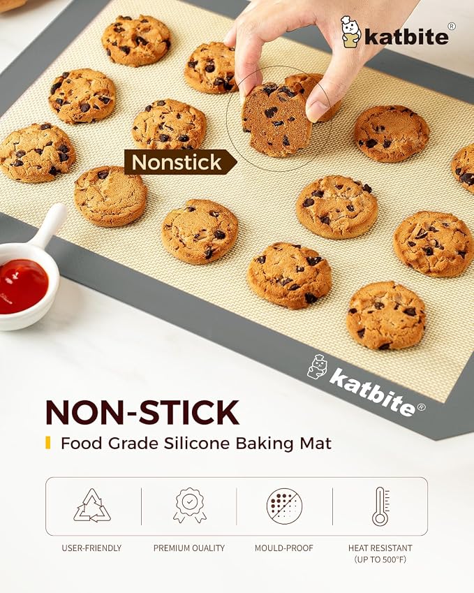 Katbite Silicone Baking Mat Set of 3 Grey | 2 Half Sheets Mats + 1 Quarter Baking Sheet, Reusable & Nonstick Bakeware Mats for Cookies, Macarons, Bread