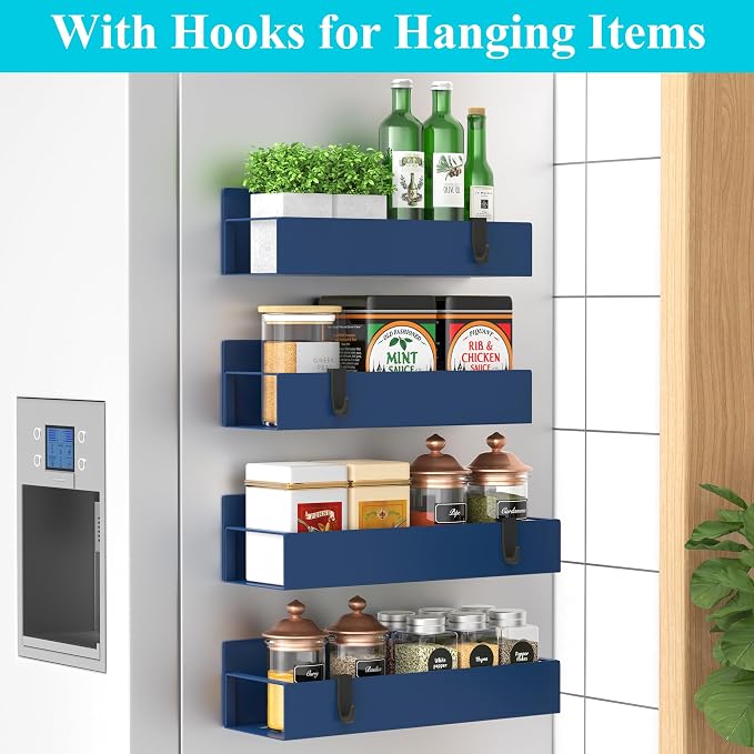 Metal Magnetic Spice Rack for Refrigerator Royal Blue, 4 Pack | Magnetic Shelves Heavy Duty for Fridge in Kitchen, Seasoning Storage Organizer, For Oven Washer and Dryer, For Heavier Items