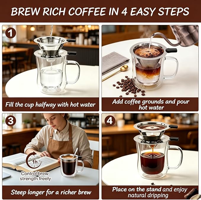 2-in-1 Immersion & Pour Over Coffee Maker, 300ml Single Serve Coffee Brewer with Reusable 600-Mesh Stainless Steel Filter, Double-Wall Glass Coffee Cup for Richer Extraction & Faster Brewing
