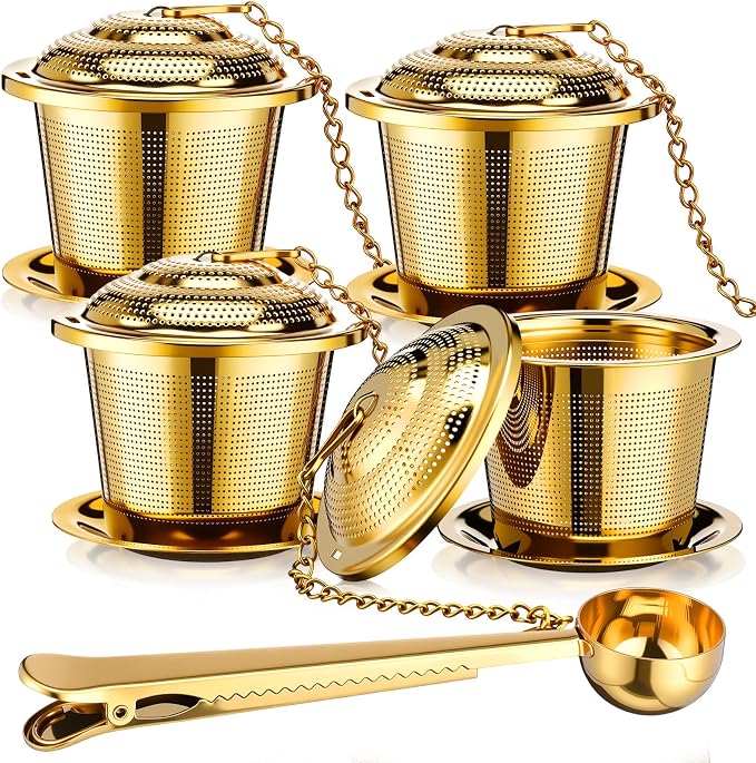 4 Pcs Tea Infuser Strainers for Loose Tea with Scoop, Extra Fine Mesh Steeper 304 Stainless Steel Diffuser Leaf Holder with Extended Chain Hook for Brew, Spices, Seasoning, Gold