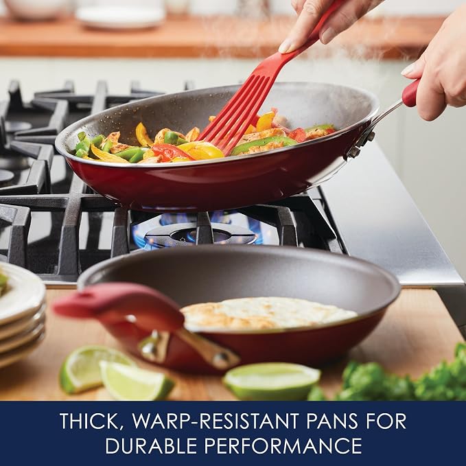 Rachael Ray Cook + Create Nonstick Frying Pans/Skillet Set, 9.5 Inch and 11.75 Inch, Red