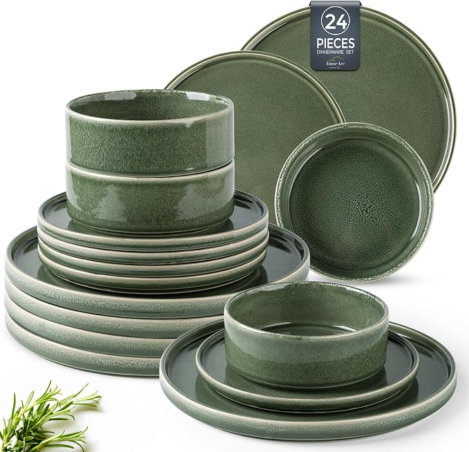 AmorArc Ceramic Dinnerware Sets for 8,24 Piece Plates and Bowls Sets Dishes | Stoneware Handmade Reactive Glaze Dishes Set | Highly Chip and Crack Resistant | Dishwasher & Microwave Safe