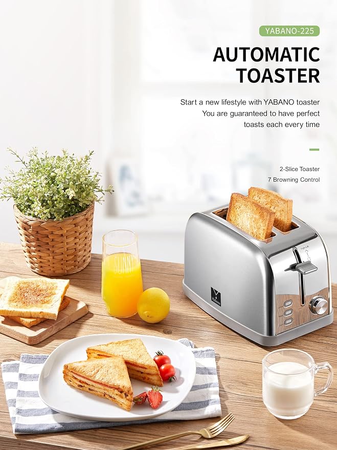 Yabano Retro Bagel Toaster 2 Slice with Extra Wide Slots | 7 Shade Settings, Defrost, Bagel And Cancel Functions, Removable Crumb Tray, Stainless Steel, Silver Finish