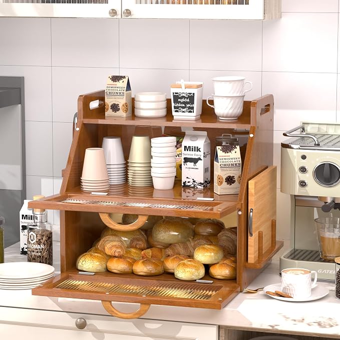 Bread Box for Kitchen Countertop, Large Bread Storage Container for Homemade Bread, Vintage Wooden Farmhouse Breadbox Organizers, Double Layer Bread Bin with Acrylic Window Bread Holder