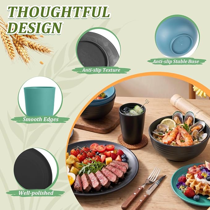 PYRMONT 40 Piece Unbreakable Plates and Bowls Sets for 8 Wheat Straw Dinnerware Set Lightweight Dishes Set Microwave & Dishwasher Safe,Apartment Essentials,New House,Family Gathering-Nightscape