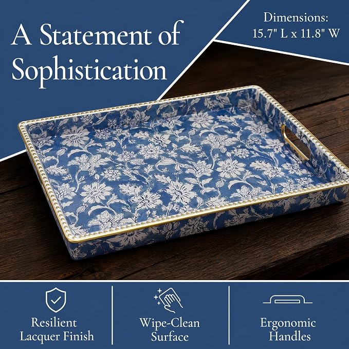 Rectangular Decorative Serving Tray with Handles,Vintage Blue White Floral Pattern Gold Trim Glossy Ottoman Coffee Table Tray,Multipurpose Vanity Tray for Jewelry Home Decor. 15.7" x 11.8"