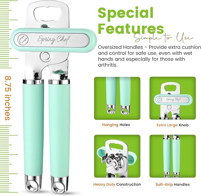 Spring Chef Stainless Steel Manual Can Opener with Soft Grip Handles, Mint | Heavy Duty Hand Can Opener for Seniors with Smooth Edge, Easy Turn, 3in1 Can Opener with Magnetic Lid Remover & Bottle Opener