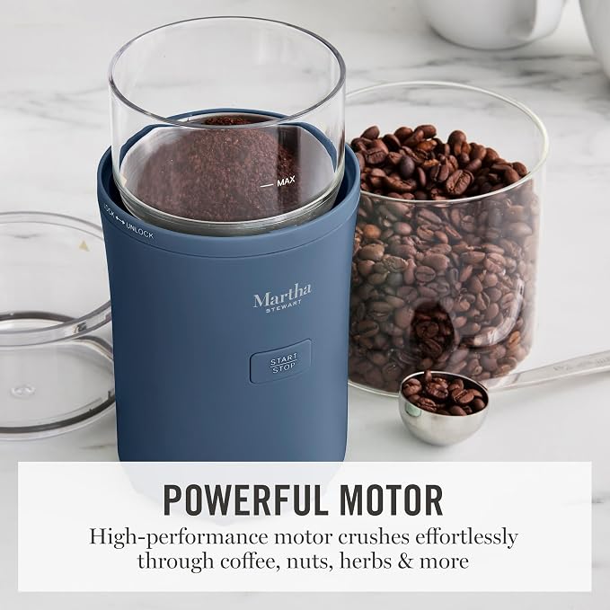 Martha Stewart Electric Coffee & Spice Grinder with Dual Bowls, Indigo Blue | Dual 2.5oz Removable Bowls for Coffee Beans, Nuts, Herbs & Spices, Stainless Steel Blade, One-Touch Pulse Control, Easy Clean