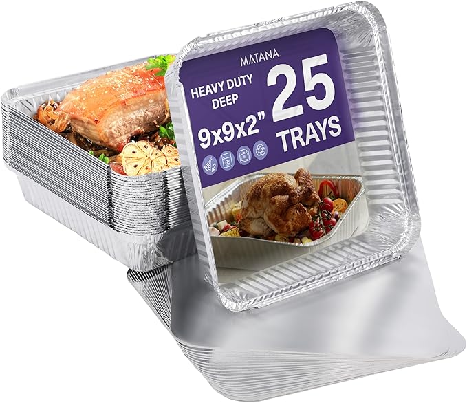 MATANA 25 Pack 9x9 Aluminum Pans with Lids, Disposable Aluminum Trays - 9" Inch Square Foil Cake Baking Pans & Food Containers with Lids
