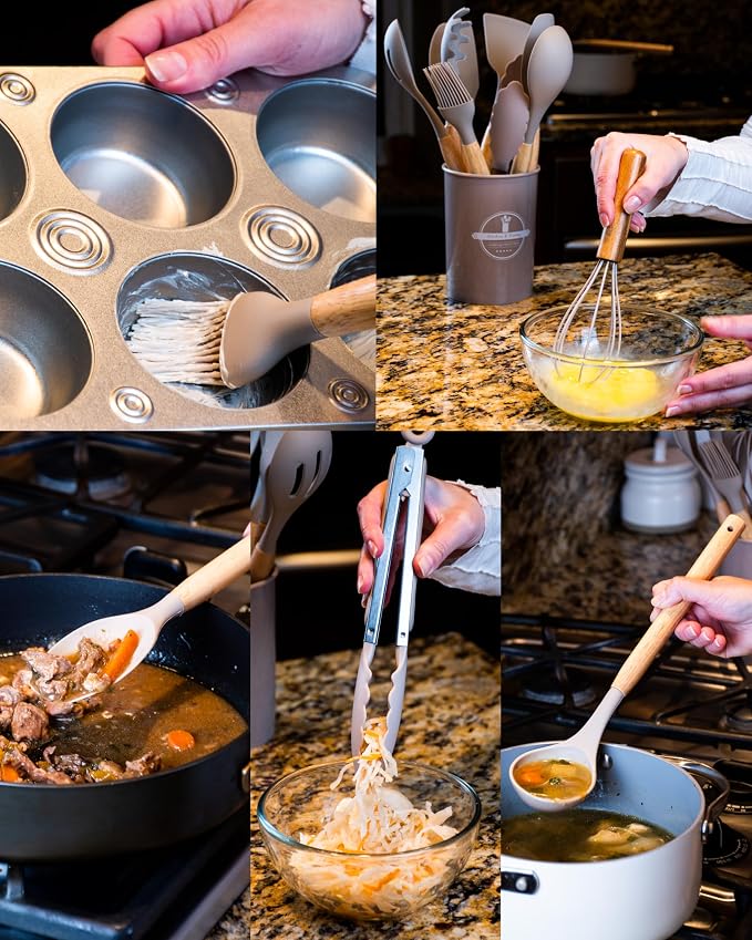 Dusico® Silicone Cooking Utensils Set of 12 Pcs with Wood Handles. Heat Resistant Kitchen Utensils for Nonstick Cookware, BPA Free Silicone Spatula Set & Cooking Spoons, Kitchen Gadgets (Beige)