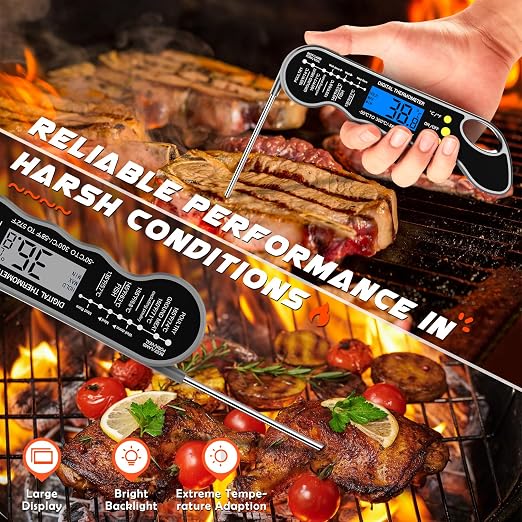 Instant Read Meat Thermometer, Fast & Accurate Digital Food Thermometer with Backlight, LCD Display, IPX6 Waterproof, Calibration Function for Cooking, Frying, Grilling, and Baking (Dark Gray)