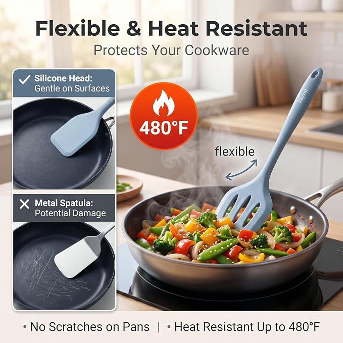 Vayvnt Silicone Cooking Utensil Set, 10PCS Utensils for Non Stick Pan, Blue | Heat Resistant 480℉, One-piece Design, Food Grade, Non Toxic Silicone Kitchen Utensils, Easy Cleaning, Dishwasher Safe
