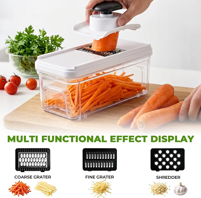 SUSTEAS Vegetable Chopper with Pull-Out Container, 7-Blade Mandolin Slicer | Pull, Empty & Keep Chopping; Easy-Detach, Dishwasher-Safe Blades; 7 Blades for Every Cutting Need; Less Cleanup. More Cooking
