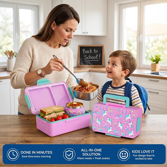 Bento Lunch Box for Kids–12oz Insulated Stainless Steel Soup Jar and Built-in Ice Pack, 3-Compartment Leak-Proof Kids Bento Box for Girls Boys School Travel