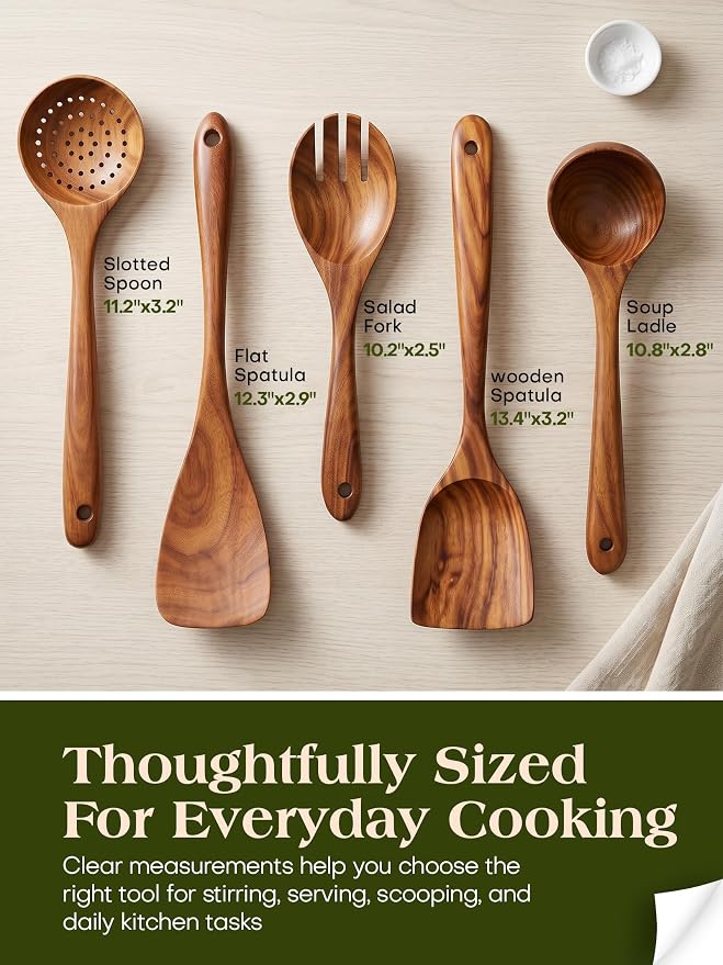 Wood Utensils Set for Cooking, Teak Wooden Utensils Set Wood Spatula for Nonstick Cookware Kitchen Utensils Set 5